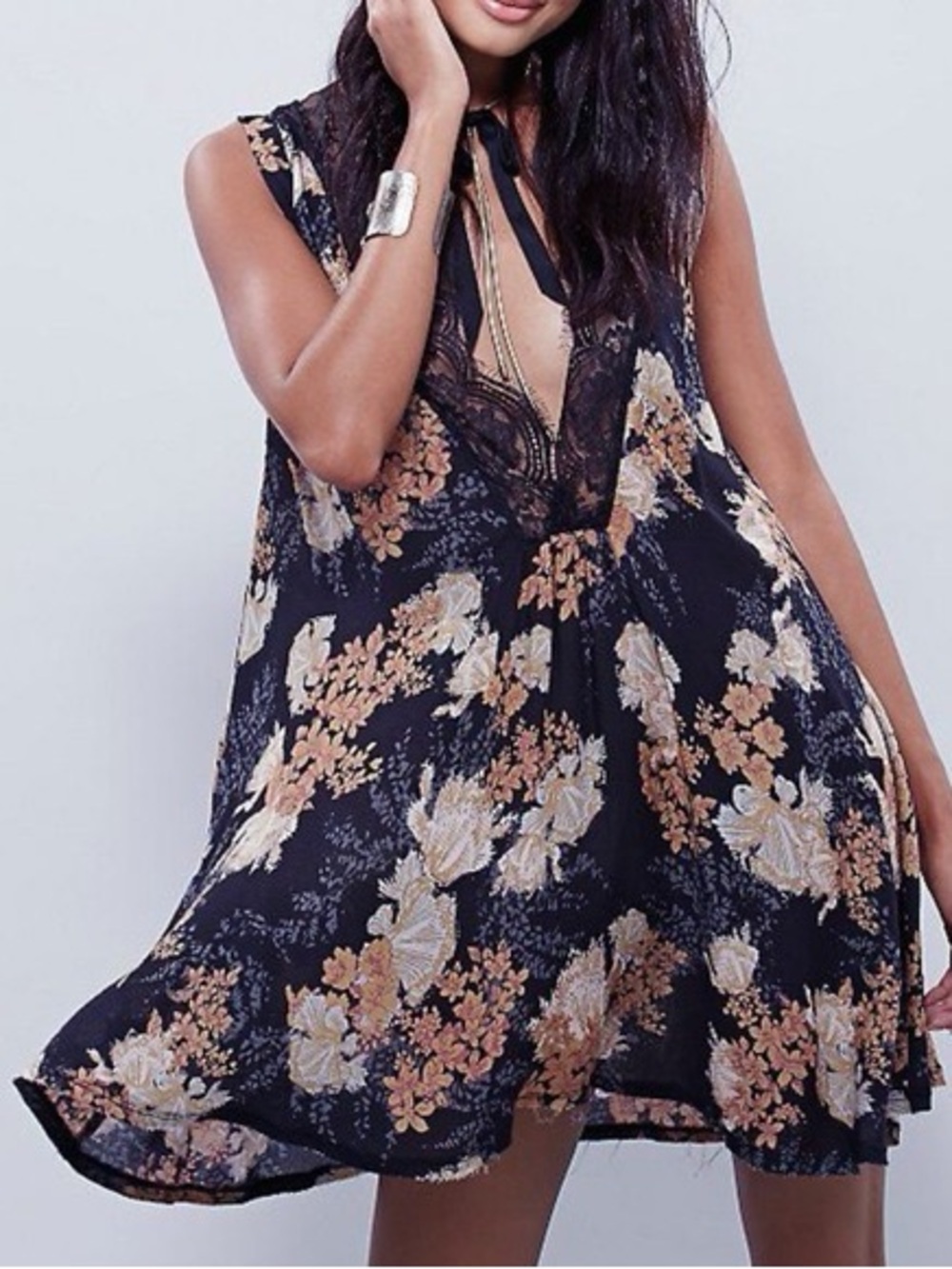Free People Black Floral Lace-Trim Mini Dress